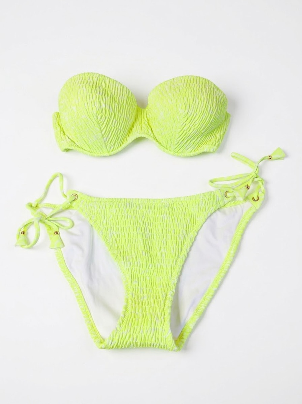 VICTORIA'S SECRET Flirt Bandeau Bikini Set Neon Lime Green Smocked 34D L
